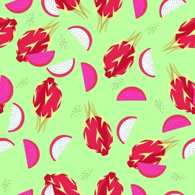Seamless pattern with pitaya and slices. Vector graphics.