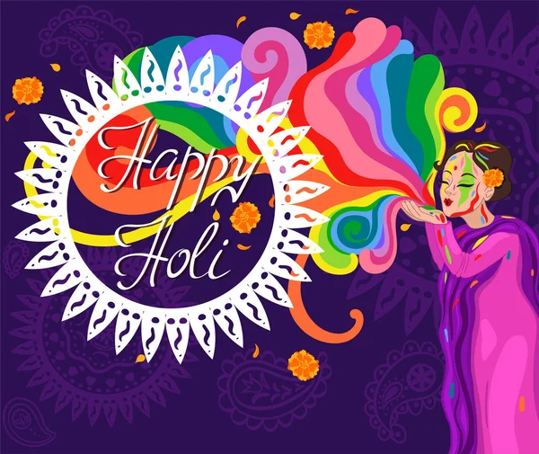 Feliz Holi Felicidades. Banner con una mujer india. Gráficos vectoriales . — Vector de stock