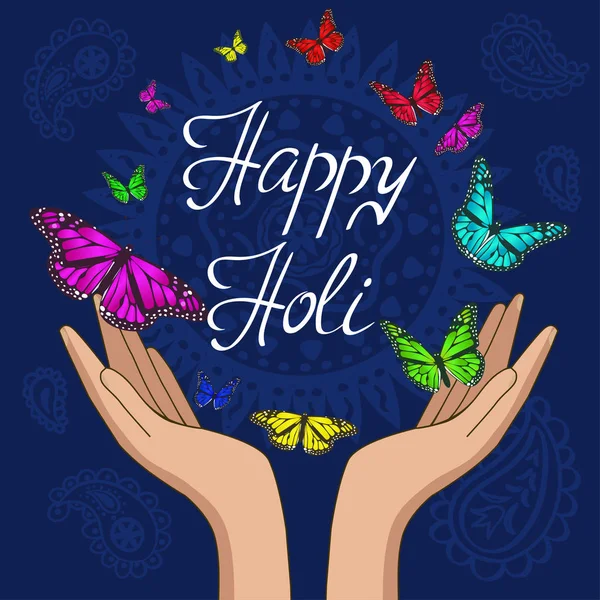 Feliz Holi Felicidades. Las manos liberan mariposas de colores. Gráficos vectoriales . — Vector de stock