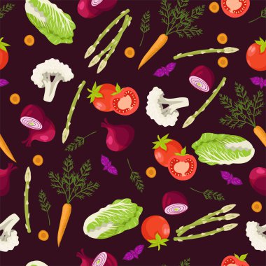 Seamless pattern with different vegetables. Vector graphics.