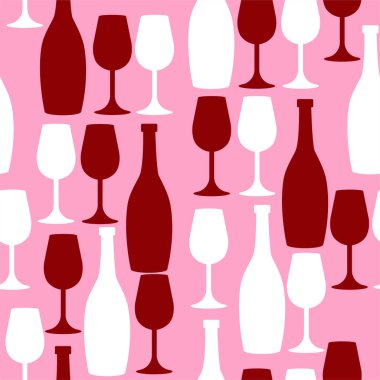 Pembe, kırmızı ve beyaz şarabın kusursuz deseni. Şişeler ve bardaklar. Vektör grafikleri.