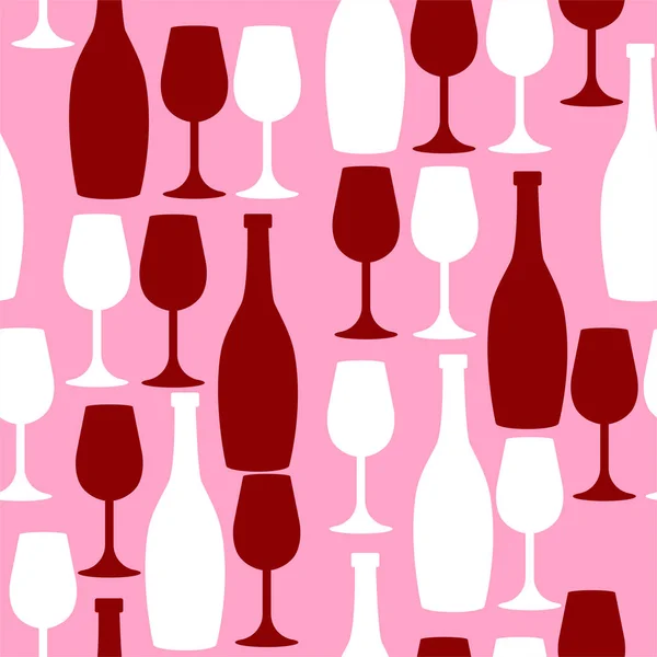 Patrón inconsútil de vino de color rosa, rojo y blanco. Botellas y vasos. Gráficos vectoriales . — Vector de stock