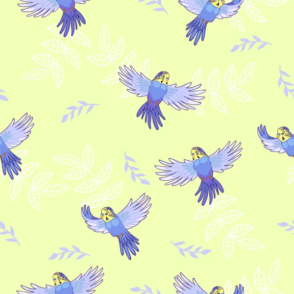 Seamless pattern with flying budgies. Vector graphics. — Stock Vector