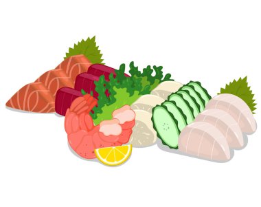 Beyaz bir zemin üzerinde balık, istiridye ve karidesli saşimi. Vektör grafikleri.