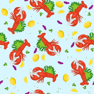 Istakoz ve limonla kusursuz desen. Vektör grafikleri.