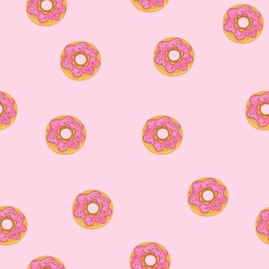 Pembe arka planda donutları olan kusursuz bir desen. Vektör grafikleri.
