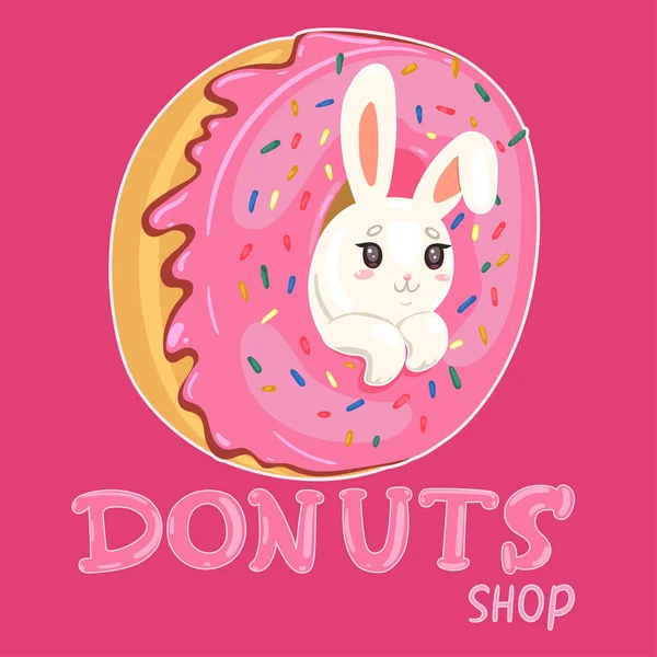 Um coelho num donut. Logotipo da loja de donuts. Gráficos vetoriais . — Vetor de Stock