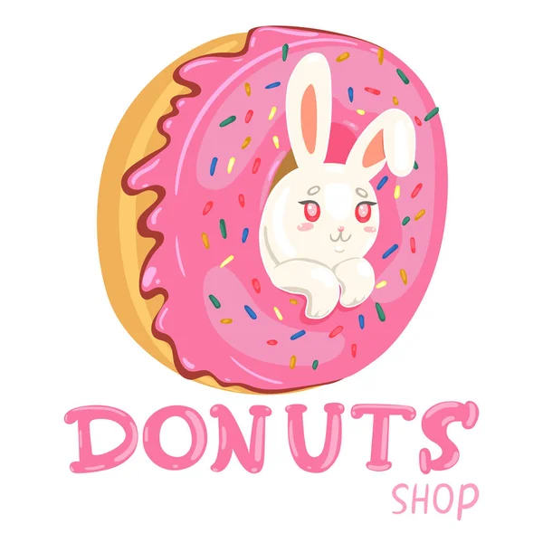 Çöreğin içinde bir tavşan. Donut dükkanı logosu. Vektör grafikleri. — Stok Vektör