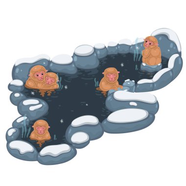 Kaplıcadaki Japon maymunları beyaz arka planda izole ederler. Vektör grafikleri.