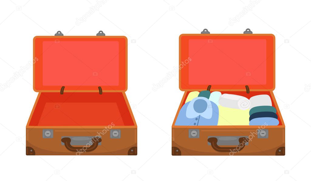 Open empty suitcase and packed suitcase Isolated on a white background. Vector image