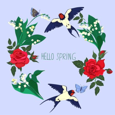 Vadi zambakları, güller ve kırlangıçlar. Merhaba baharı. Vektör resmi.