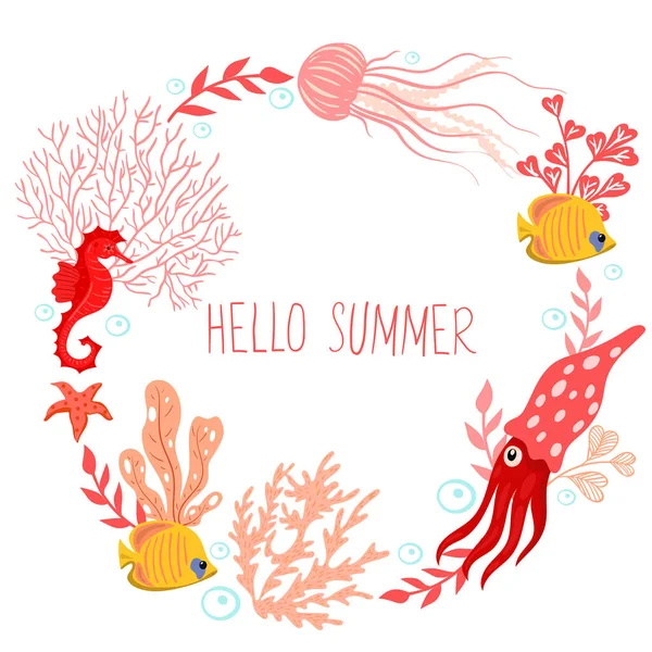 Round frame with underwater animals and the inscription hello summer isolate on a white background. Vector image.