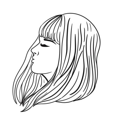 Kadınların uzun saçlı ve perçinli saç stili. Beyaz arka planda siyah bir taslak. Vektör resmi.