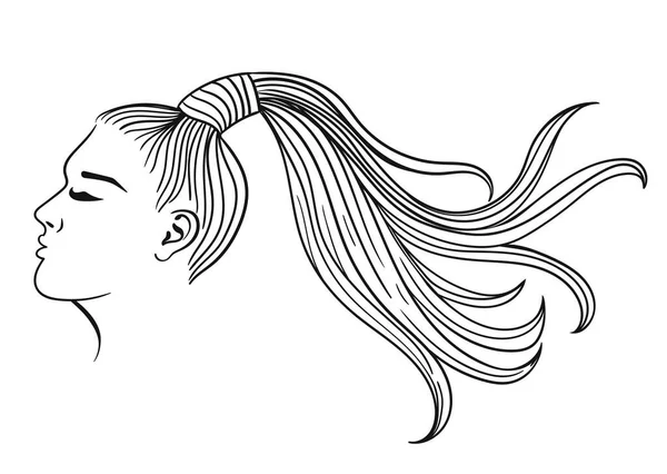 有马尾辫的女性发型 白色背景上的黑色轮廓 矢量图像 — 图库矢量图片