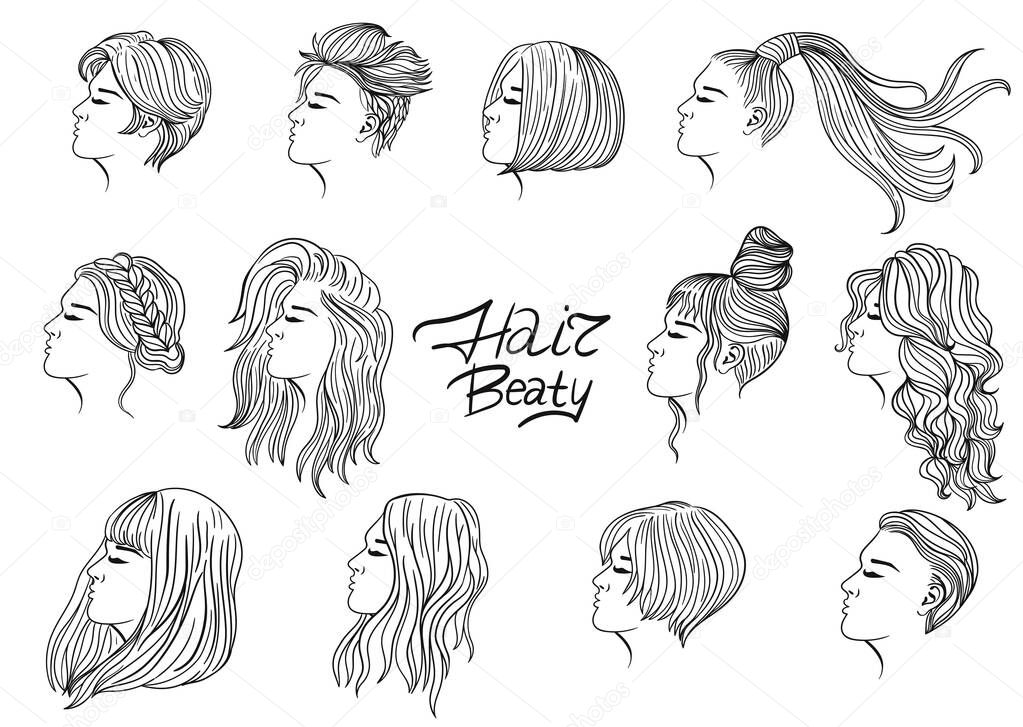 A set of twelve women s haircuts and hairstyles. Black outline on a white background. Vector image.