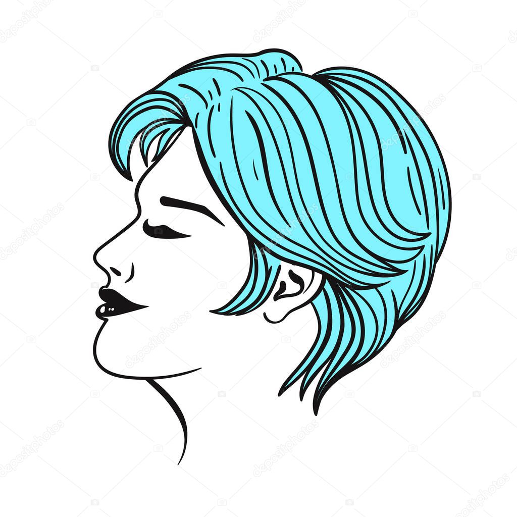 Female short haircut in blue isolate on a white background. Vector image.
