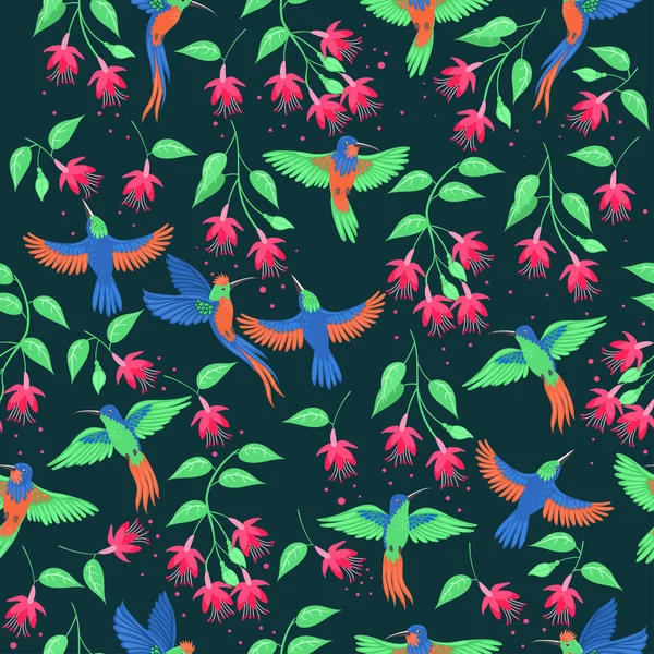Sinek Kuşları Çiçeklerle Kusursuz Desen Vektör Resmi — Stok Vektör