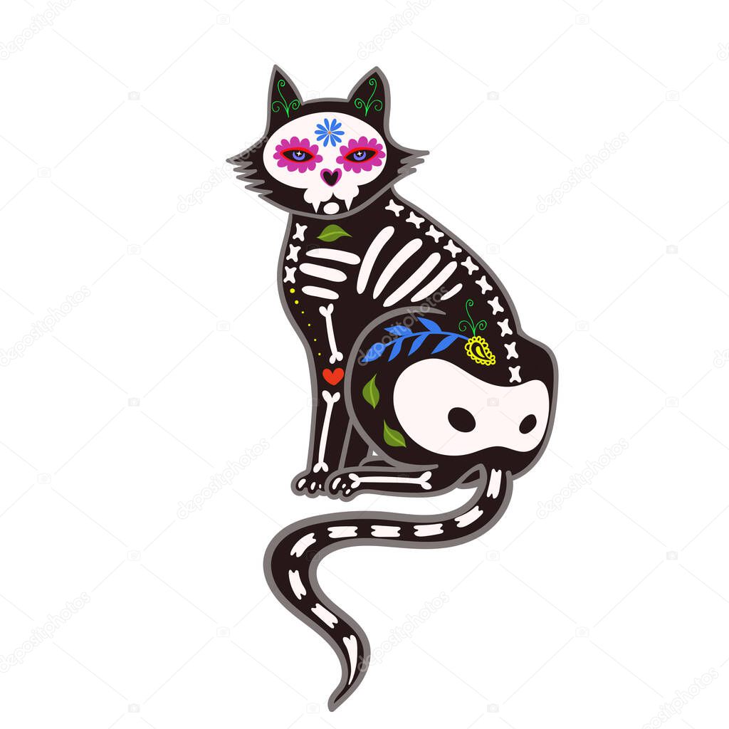 Death Day cat. Sugar skeleton isolate on a white background. Vector image.