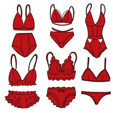 Beyaz arka planda bir takım kadın iç çamaşırı izole edilmiş. Vektör resmi.