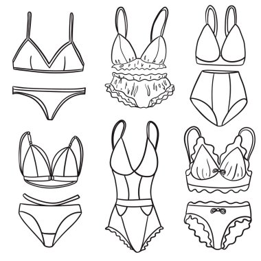 Beyaz arka planda bir takım kadın iç çamaşırı izole edilmiş. Vektör resmi.