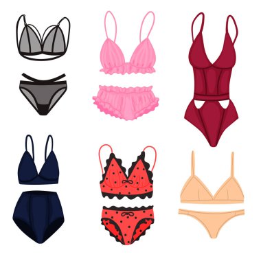 Beyaz arka planda bir takım kadın iç çamaşırı izole edilmiş. Vektör resmi.