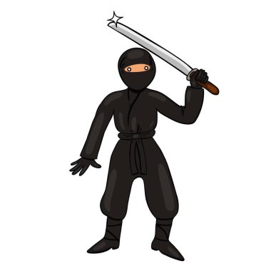 Katana 'ya sahip ninja beyaz bir arka planda izole edilir. Vektör resmi.