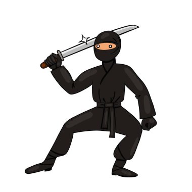 Katana 'ya sahip ninja beyaz bir arka planda izole edilir. Vektör resmi.