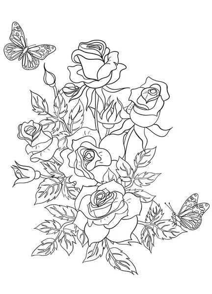Coloring Page Roses Butterflies Vector Image — Stock Vector