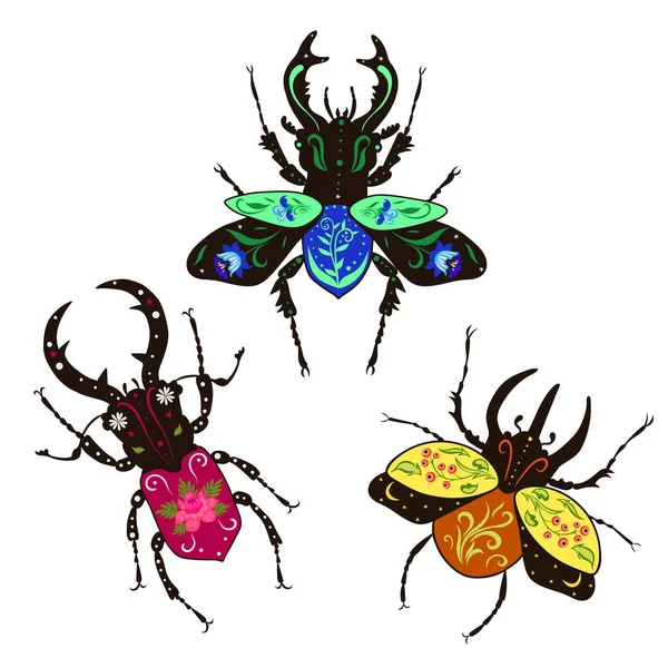 Set Decorative Beetles Isolated White Background Vector Image — Stock Vector