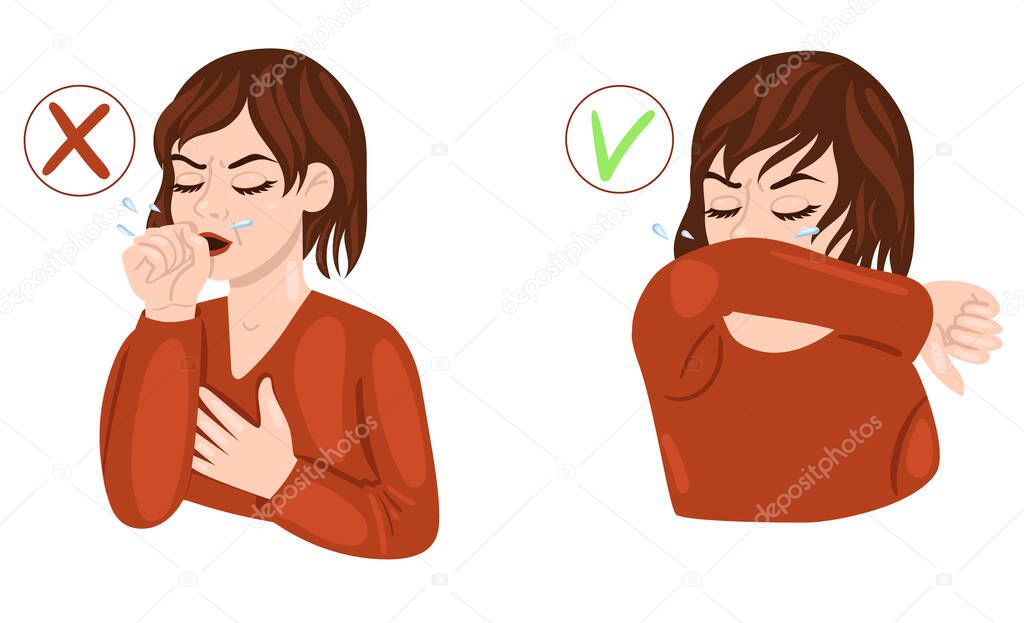 Woman coughs in the arm and elbow isolate on a white background. Banner on measures to prevent the spread of infection. Vector image.