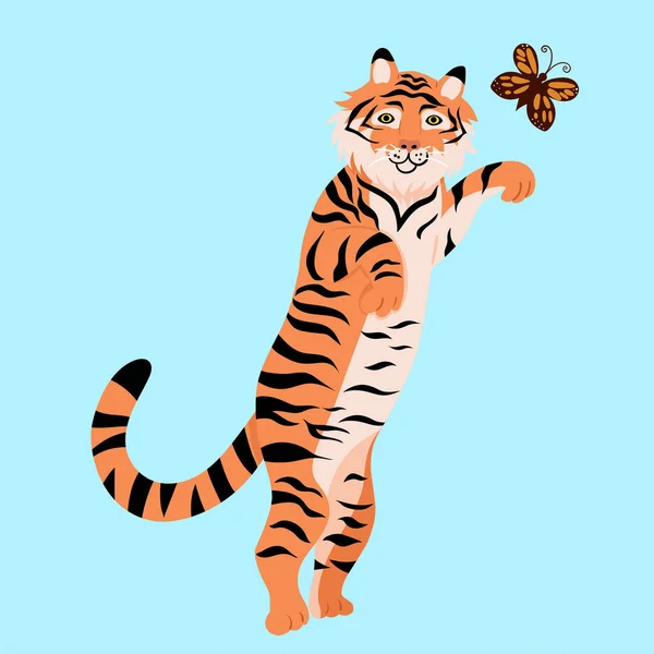 Tigre Está Jugando Con Una Mariposa Imagen Vectorial — Archivo Imágenes Vectoriales