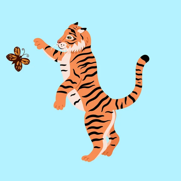 Tigre Está Jugando Con Una Mariposa Imagen Vectorial — Archivo Imágenes Vectoriales