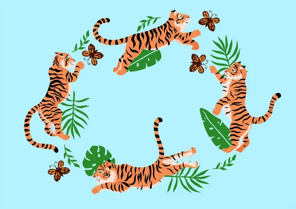 Set Harimau Bermain Dengan Kupu Kupu Dan Daun Tropis Latar - Stok Vektor