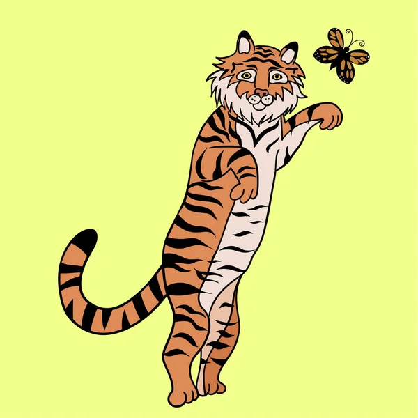 Tigre Está Jugando Con Una Mariposa Imagen Vectorial — Archivo Imágenes Vectoriales