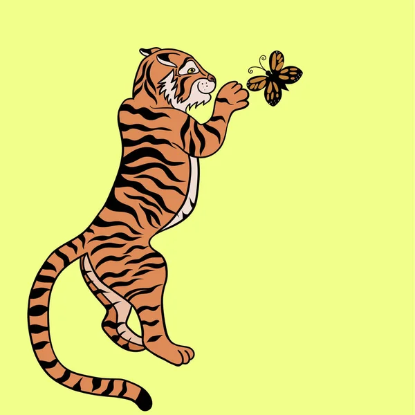 Тигр Играет Бабочкой Векторное Изображение — стоковый вектор