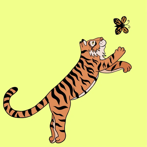 Tigre Joue Avec Papillon Image Vectorielle — Image vectorielle