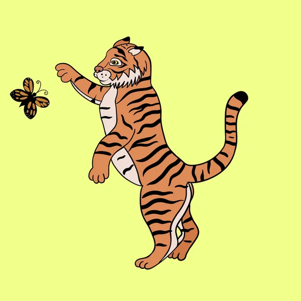 Tigre Está Jugando Con Una Mariposa Imagen Vectorial — Archivo Imágenes Vectoriales