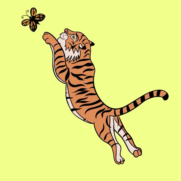 Una Tigre Sta Giocando Con Una Farfalla Immagine Vettoriale — Vettoriale Stock
