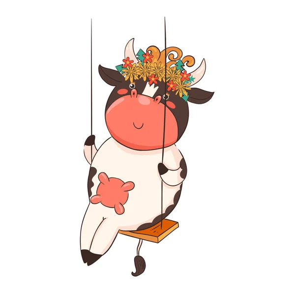 Character cow on a swing isolate on a white background. Vector image.