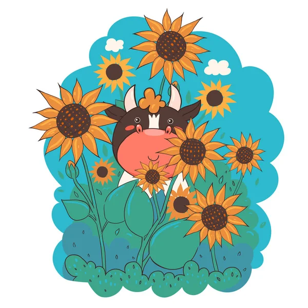 Cartone Animato Personaggio Toro Girasoli Immagine Vettoriale — Vettoriale Stock