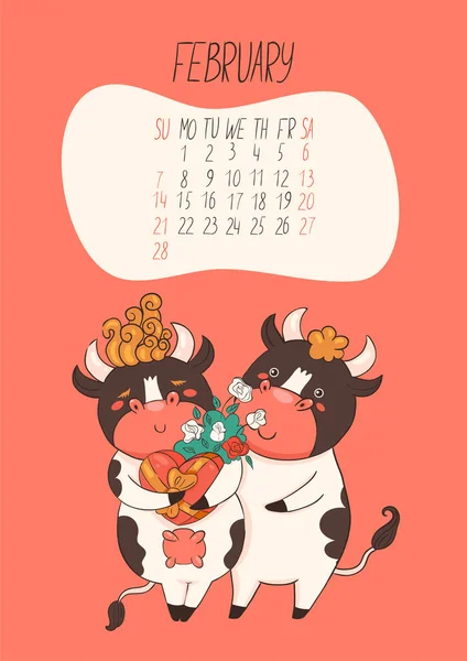 Calendario Para Febrero 2021 Lindos Toros Vacas Enamoradas Imagen Vectorial — Archivo Imágenes Vectoriales