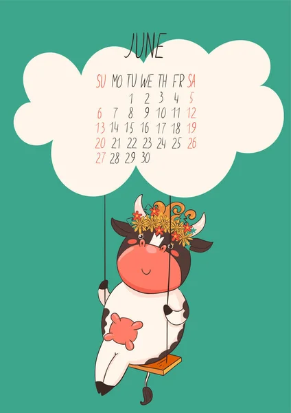 Calendar for June 2021. A cute cow is sitting on a swing. Vector image.
