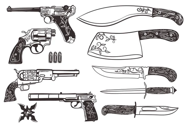 Conjunto Facas Pistolas Isoladas Sobre Fundo Branco Imagem Vetorial —  Vetores de Stock