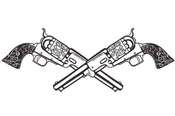 Twee Gekruiste Pistolen Isoleren Zich Een Witte Achtergrond Vectorafbeelding — Stockvector
