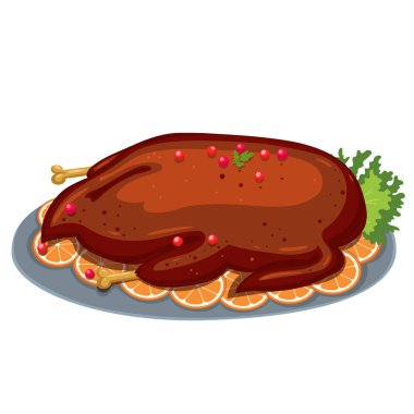 Portakallı fırında ördek beyaz arka planda izole edilir. Vektör resmi.