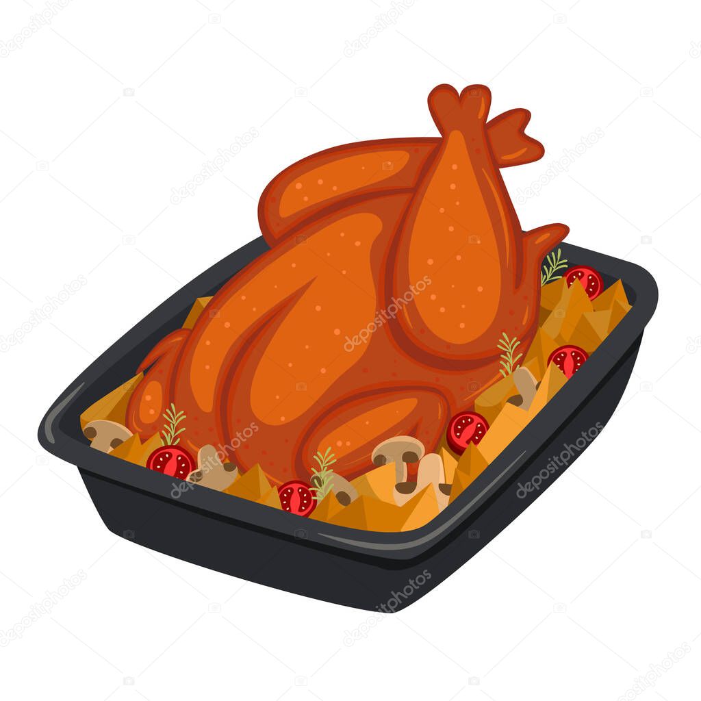 Baked chicken with potatoes isolate on a white background. Vector image.