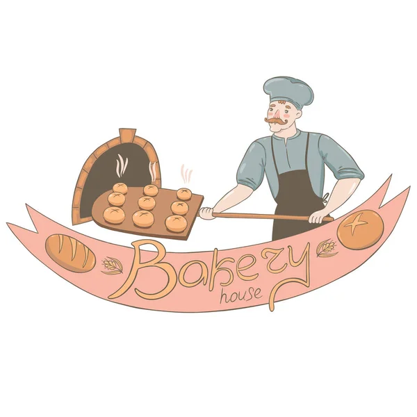 男のパン屋がオーブンからパンを取り出します ベーカリーのロゴは白い背景に隔離されています ベクトル画像 — ストックベクタ