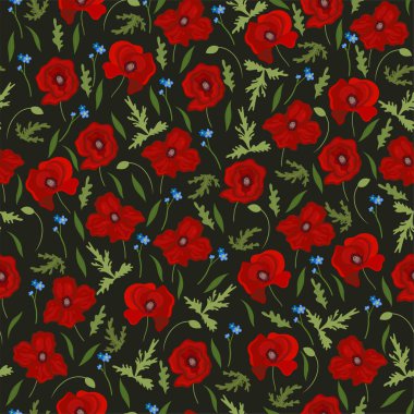 Haşhaş ve beni unutma desenli kusursuz bir desen. Vektör resmi.