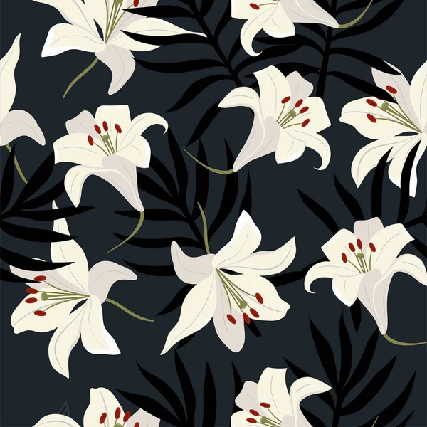 白いユリと葉のシームレスなパターン ベクトル画像 — ストックベクタ