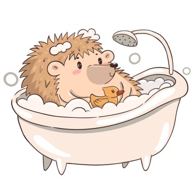 Kirpi beyaz bir arka planda tek başına banyo yapar. Şirin kawaii kirpisi. Vektör resmi